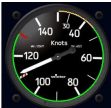 Cabri G2 airspeed indicator face from the RFM showing color-coded operating ranges. Green arc for normal operations, yellow arc for caution, red line at VNE. Specific values labeled per the Cabri certification basis.