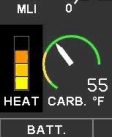 Cabri G2 carburetor heat / carb-ice indicator gauge from the RFM. Temperature-vs-humidity plot with shaded regions showing serious icing at glide power, moderate icing at cruise, and the safe operating zone — used by the pilot to decide when carb heat is required.