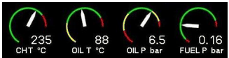 Cabri G2 powerplant instrumentation limitations table from the RFM. Each engine instrument is listed with normal operating range (green arc), caution range (yellow arc), and red-line limits — oil temperature, oil pressure, CHT, MAP, engine RPM, EGT.