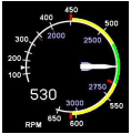 Cabri G2 rotor RPM (Nr) indicator face from the RFM with color-coded operating arcs. Green arc 515-540 RPM normal operation; yellow caution arcs above and below; red lines at the absolute limits.