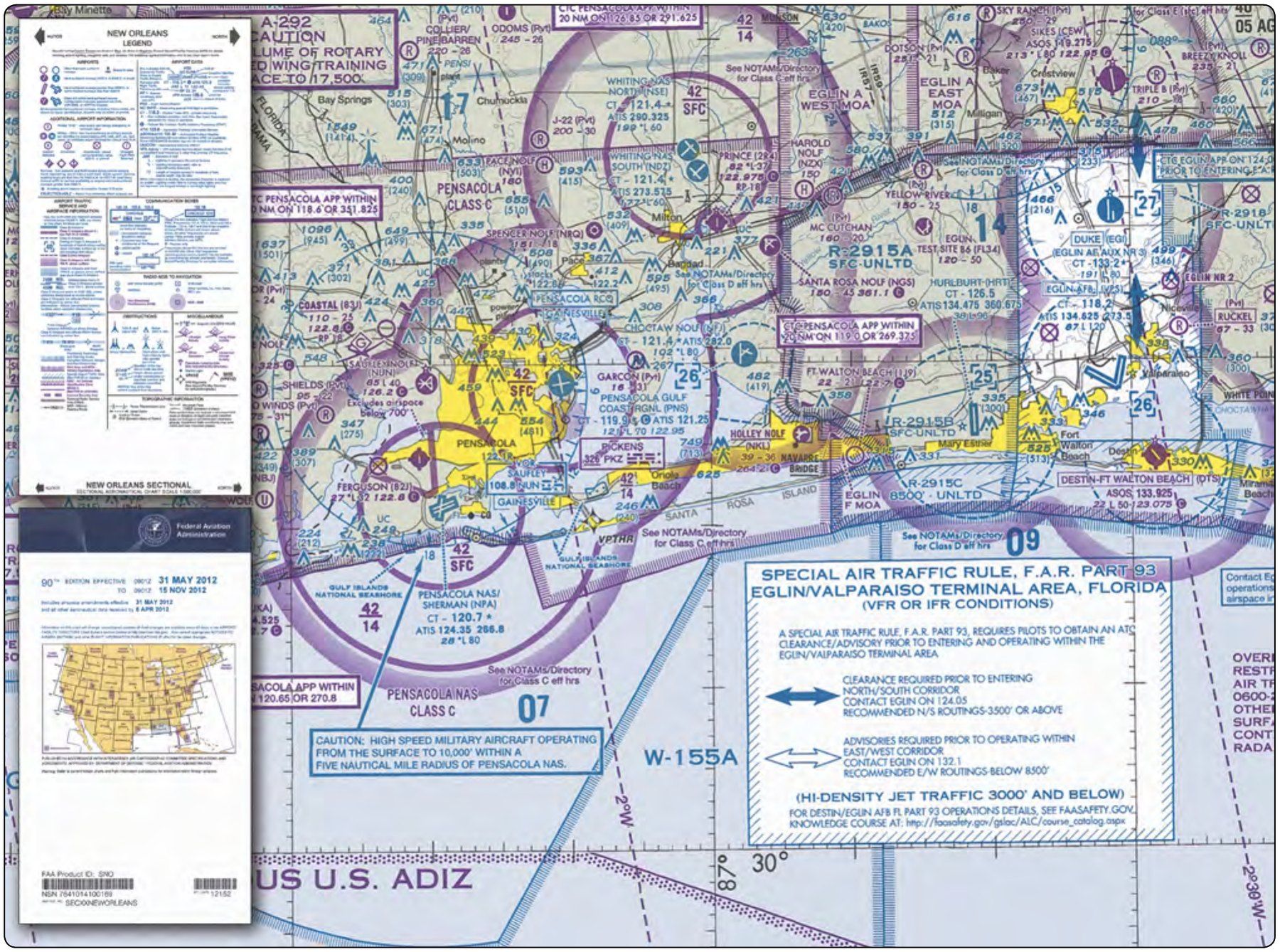 A sectional chart excerpt with its printed legend panel alongside. The excerpt shows the Pensacola area with Class C airspace rings, restricted and warning areas, airport symbols with frequency and elevation data blocks, and a special air traffic rule box; the legend panel decodes airport, navaid, obstruction and airspace symbology.