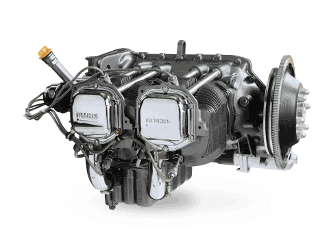 Lycoming O-360 J2A horizontally opposed four-cylinder piston engine — the powerplant used in the Guimbal Cabri G2. View shows accessory case, cylinders, induction system, and exhaust.